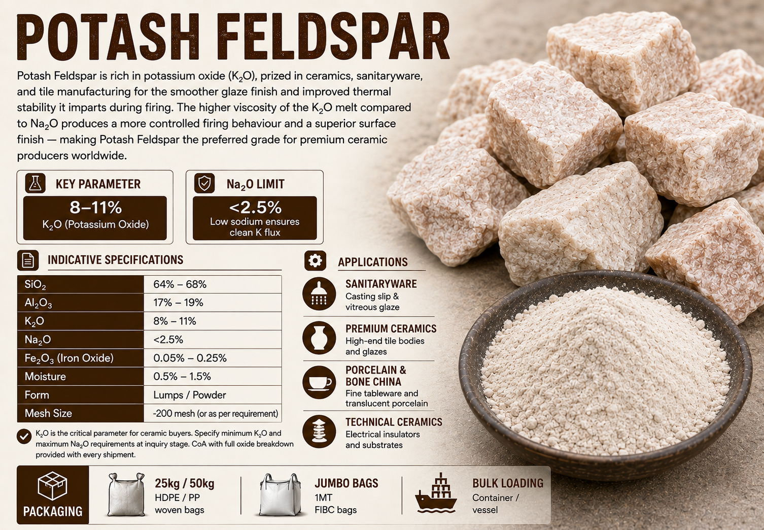 Potash Feldspar K2O ceramic glaze grade Rajasthan